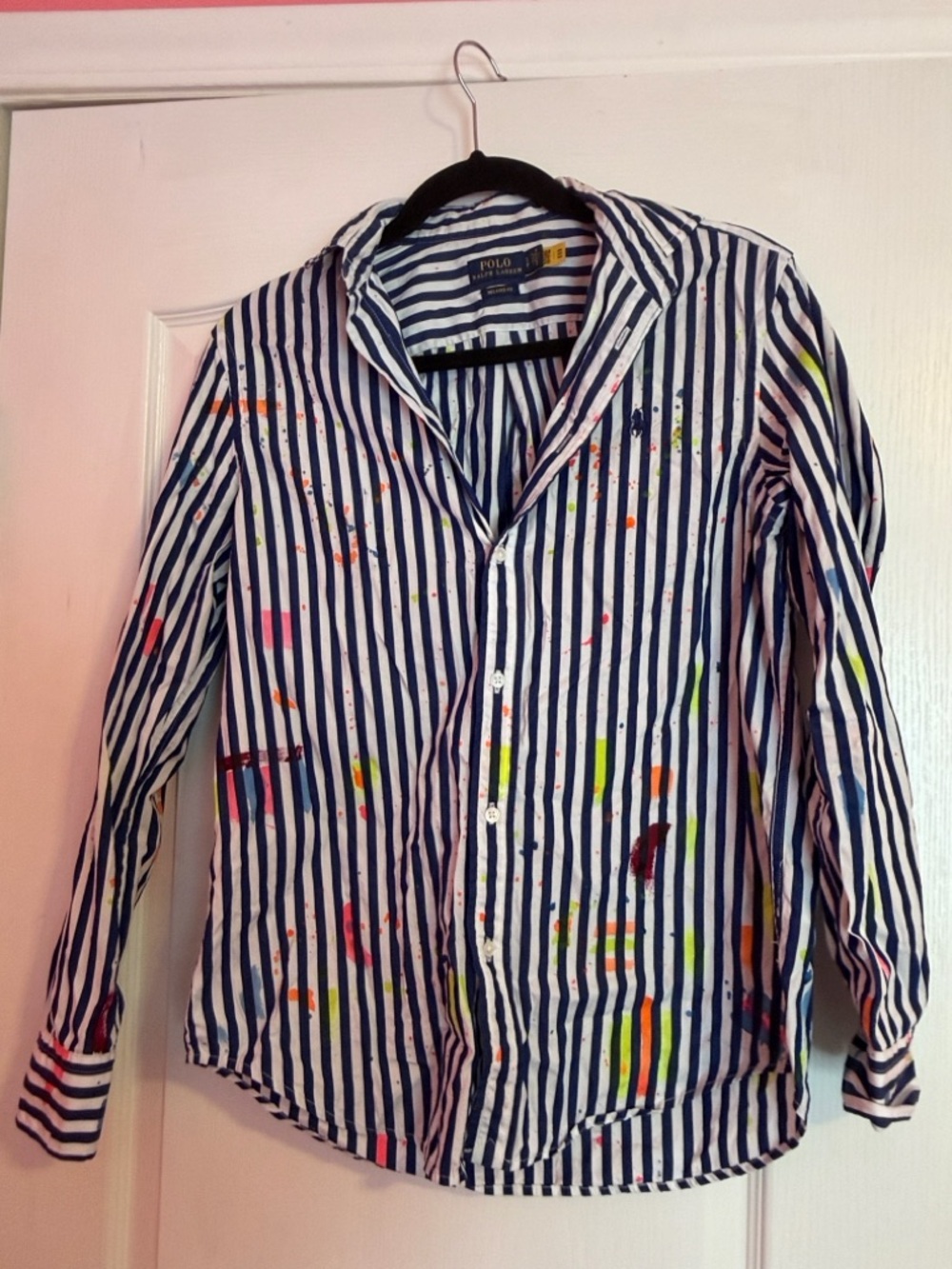 Polo Ralph Lauren Navy & White Striped Button-Down with Paint Splatter